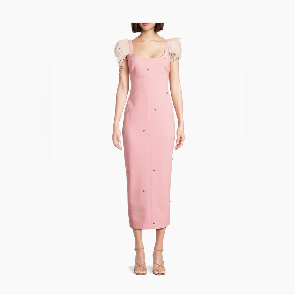 Likely Cameron Ostrich Feather-Trimmed Midi-Dress in rose shadow - Picture 3 of 15